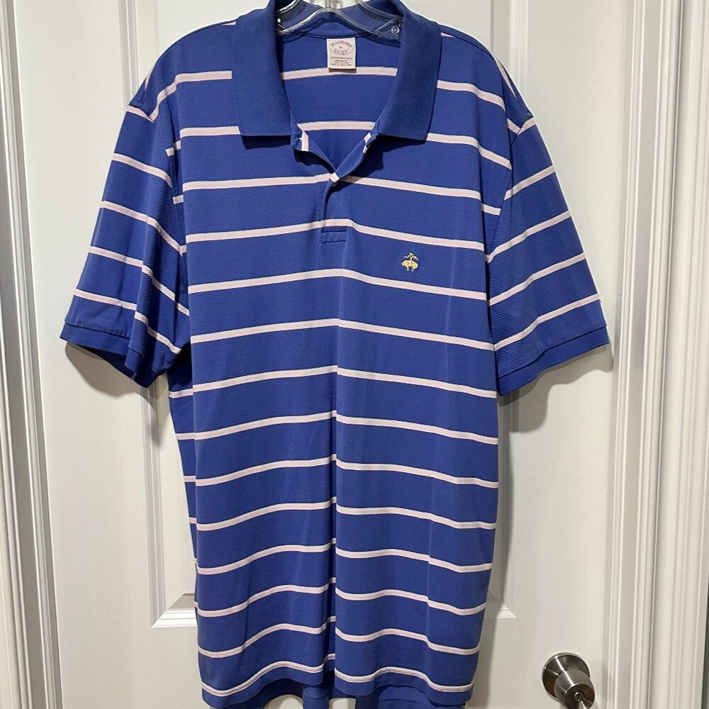 Brooks Brothers Performance Polo Blue w/White/Pink Stripes, XL